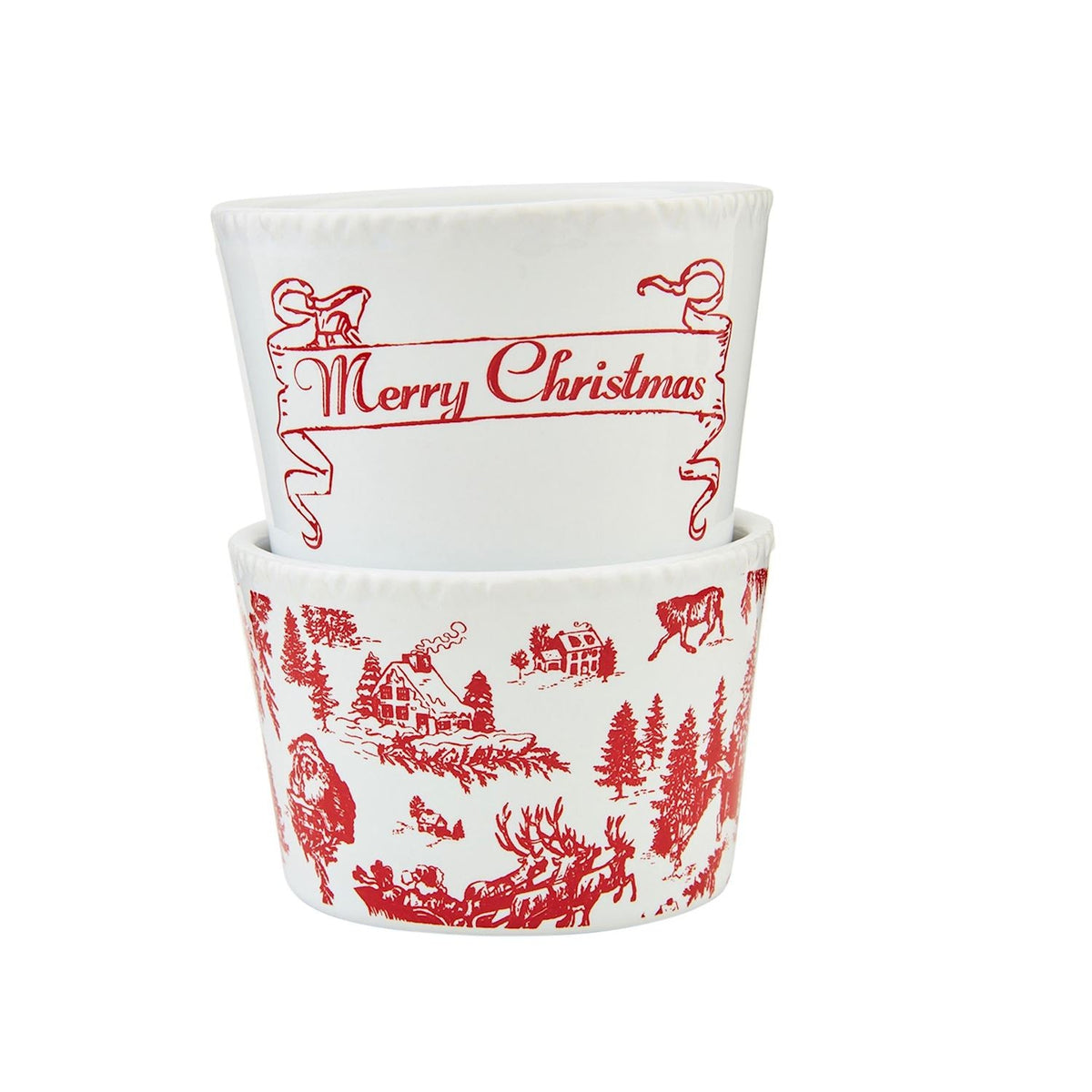 Red toile Christmas tidbit dish set: two stackable mini bowls with holiday print