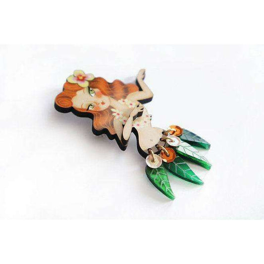 Redhead hula girl brooch with long green leaf danglers and round accents