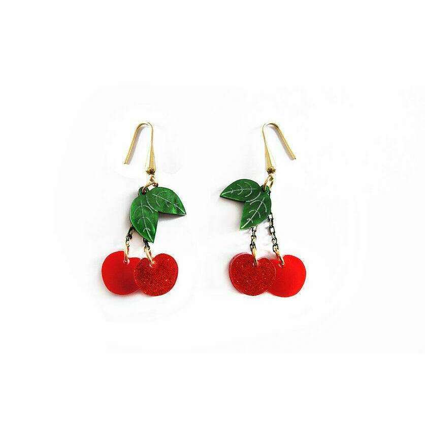 Pair of cherry statement earrings with gold hooks, green leaf charms, and red drops