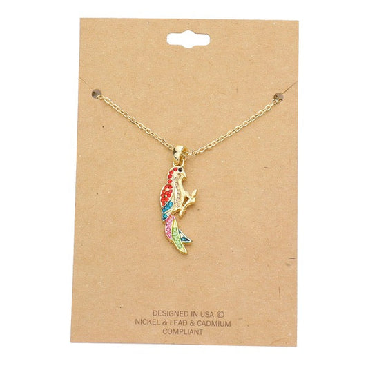 Gold rhinestone parrot pendant charm necklace with red and blue colorful accents