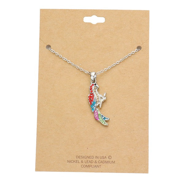 Silver rhinestone parrot pendant charm necklace with colorful red, blue, and green wings