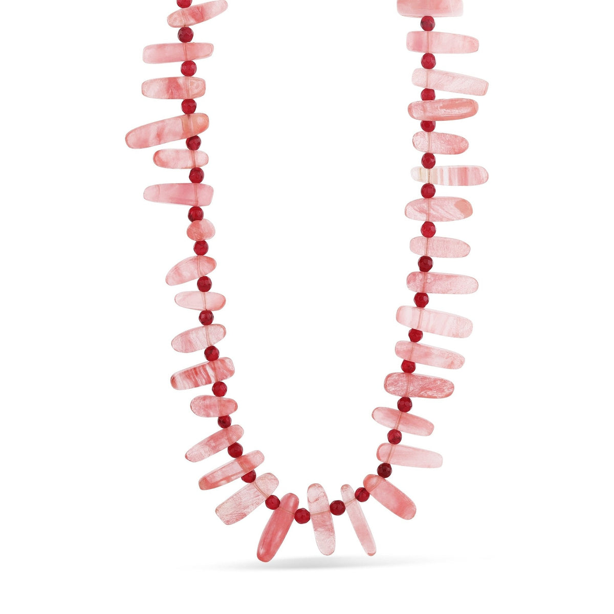 Rose quartz spike necklace with pink gemstone spikes and small red bead accents
