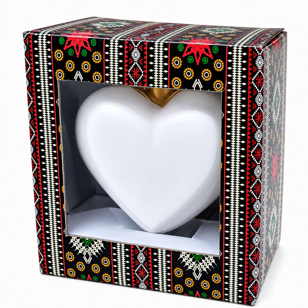 Window gift box for heart-shaped ornaments, featuring colorful geometric pattern and white heart