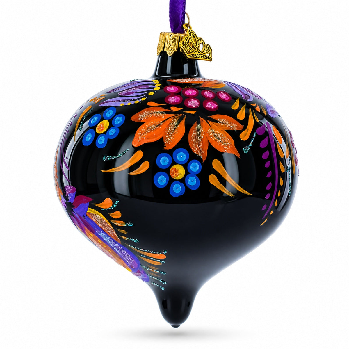 Black glass onion Christmas ornament with blue, orange, and purple floral swirls, hanging loop