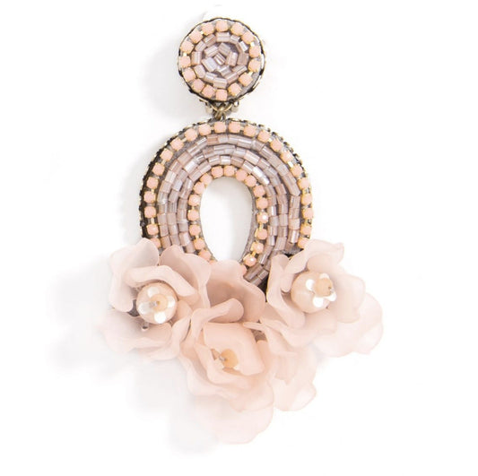 Pink floral rosette clip-on drop earring with beaded teardrop and bead fringe detail