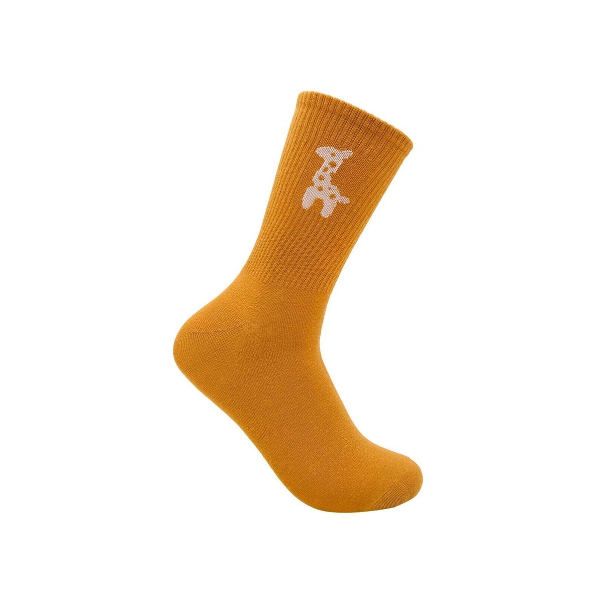 Mustard baby over-the-ankle sock with white giraffe print