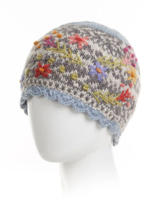 Gray wool knit beanie with multicolor floral embroidery and light blue ribbed cuff