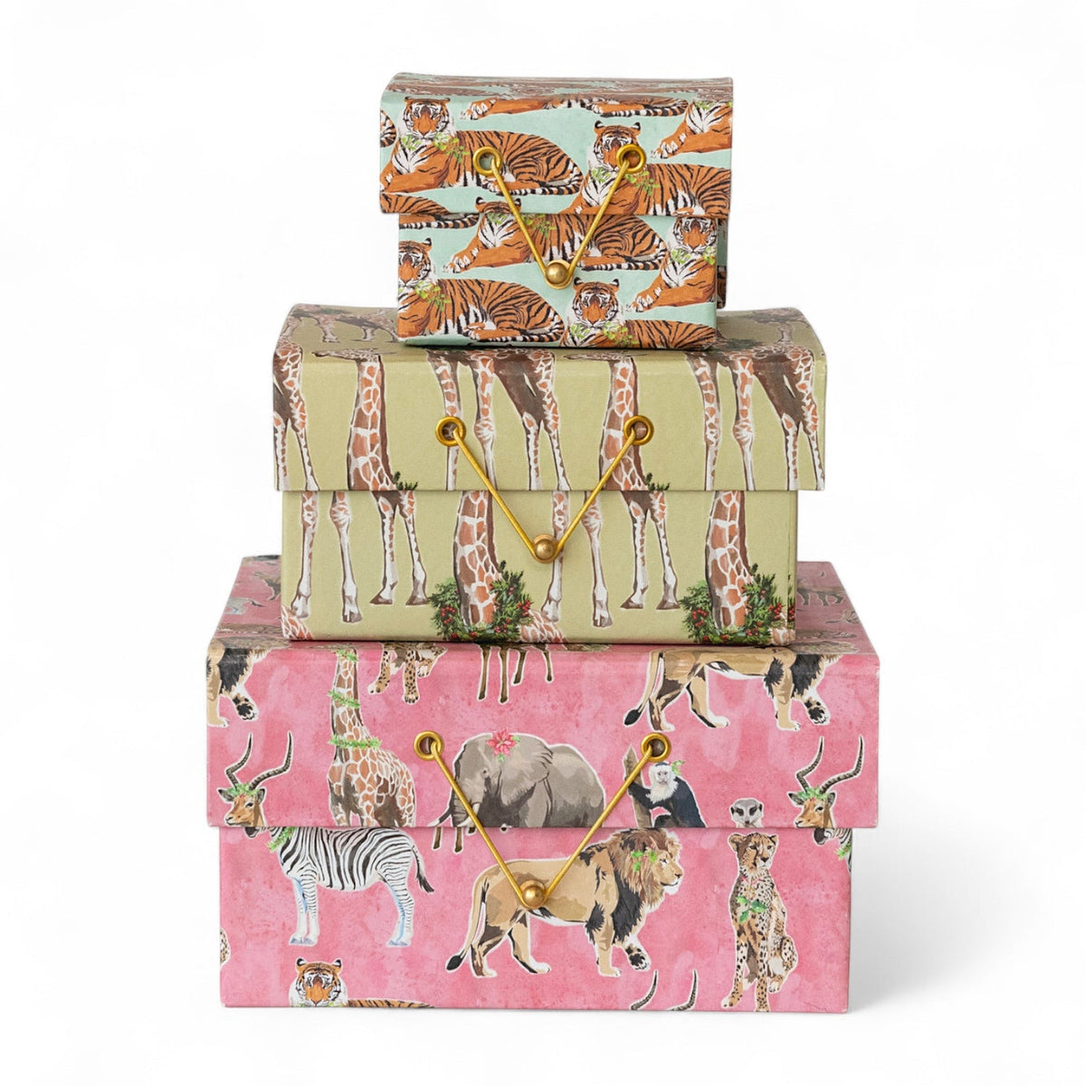 Set of three safari animal gift boxes with multicolor prints and gold tie closures