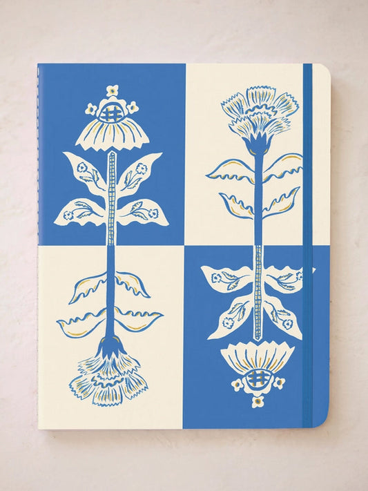 Blue and white floral notebook set, three stitched covers stacked