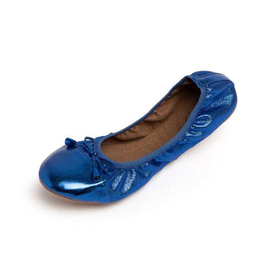 Cobalt blue metallic flats, front view with lace-up bow