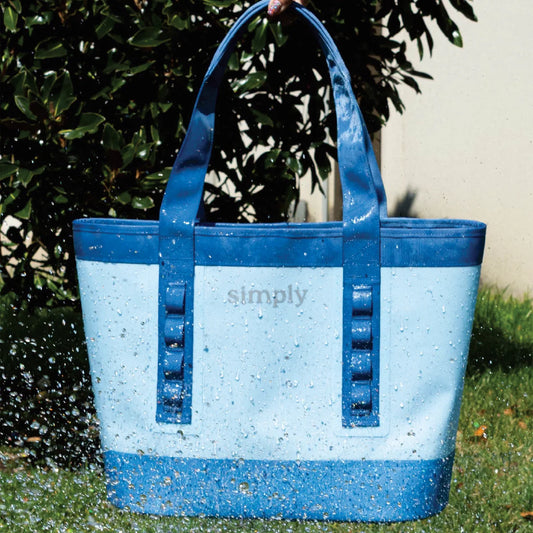 Blue speckled tote bag with 'simply' logo panel and reinforced side straps
