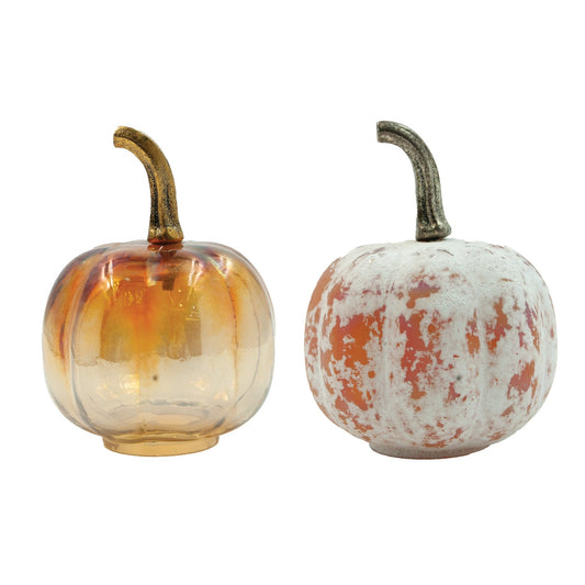 Small glass pumpkin set with brass stems, iridescent orange and distressed white