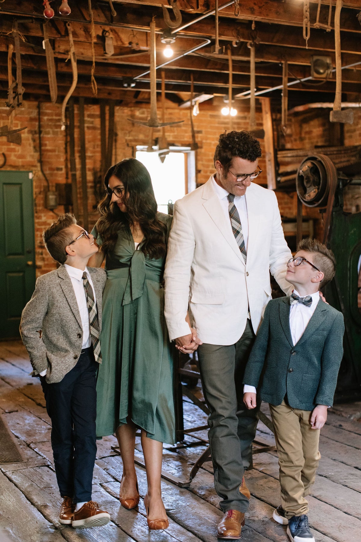 Boys plaid necktie in gray and cream with green and multicolor stripe details