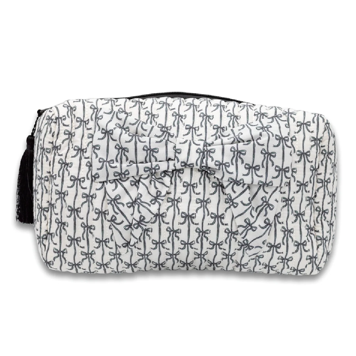 Quilted bow cosmetic bag in black and white with bow-shaped front detail