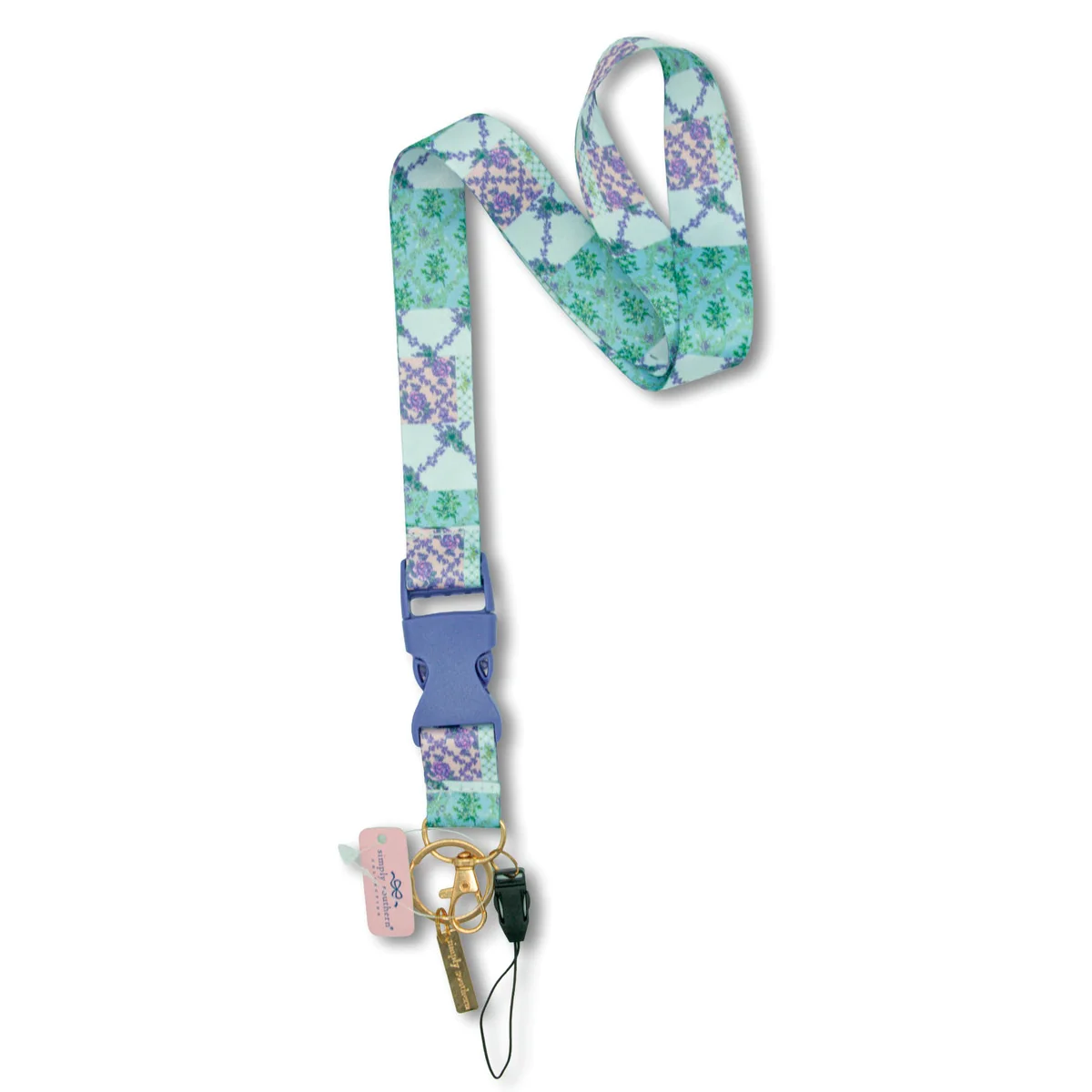 Teal and purple floral patch lanyard with gold keyring and clip