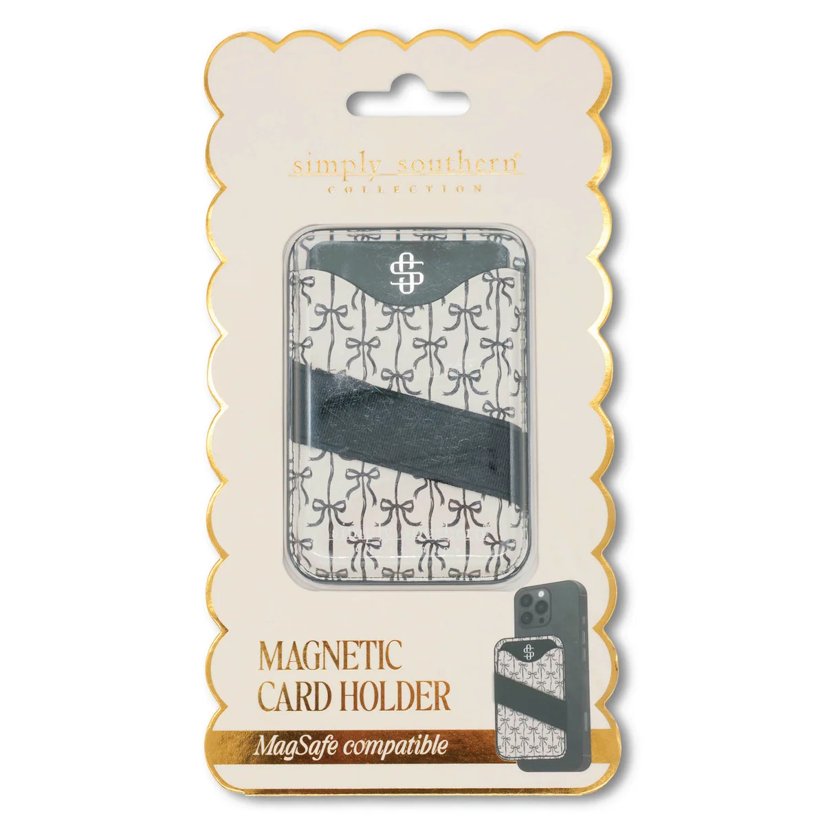 Magnetic card holder with black bow, patterned backing, MagSafe compatible