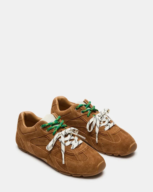 Suede low-top sneakers in camel with green eyelets and patterned lace overlays
