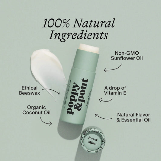 Sweet Mint lip balm tube with white balm swatch and cap