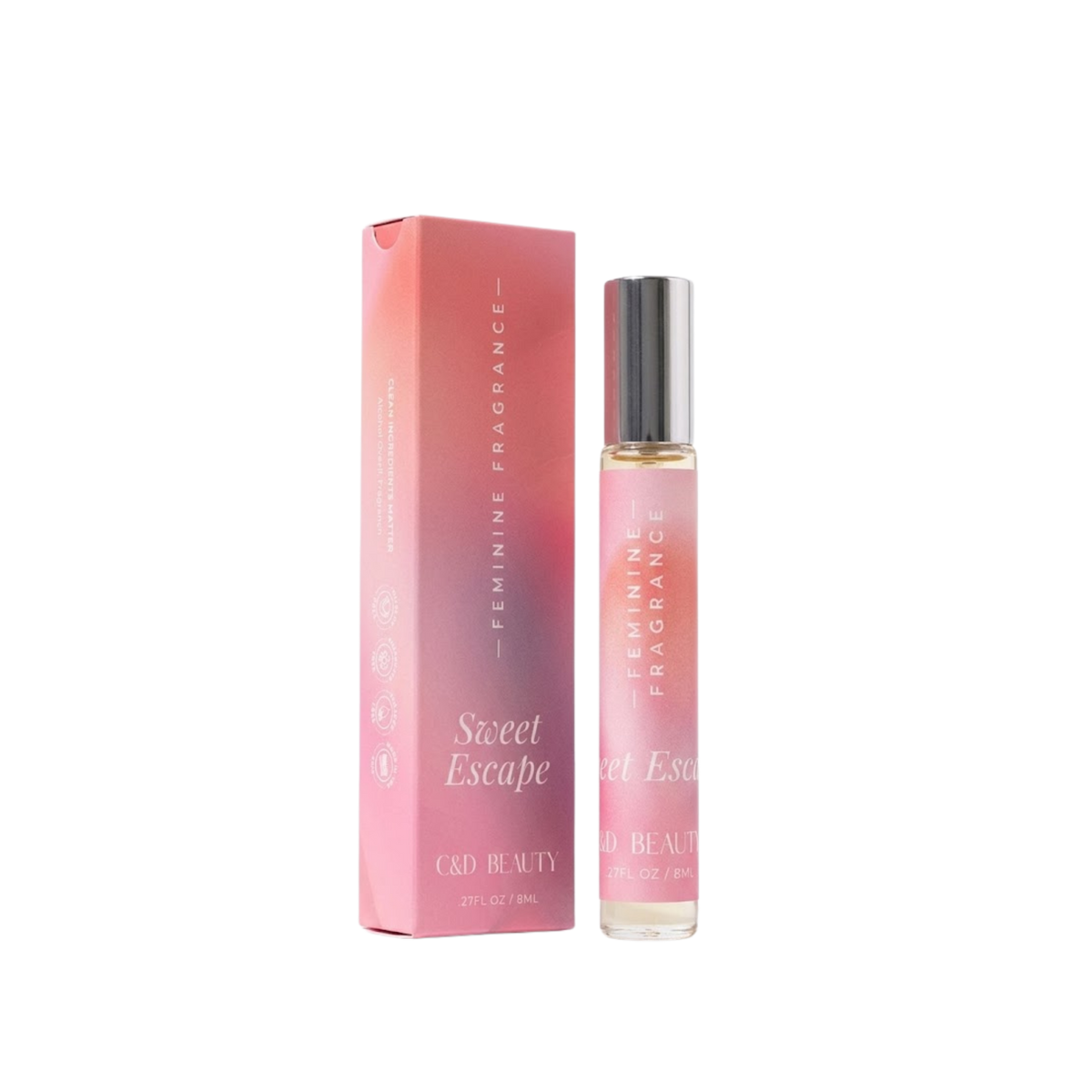 Sweet Escape fragrance in a slim glass spray bottle with silver cap and matching pink box