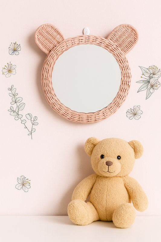 Round pink rattan mirror with bear ears and woven frame