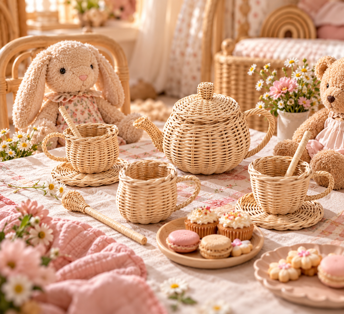 Woven wicker tea set with lidded teapot, cups, saucers, and spoons