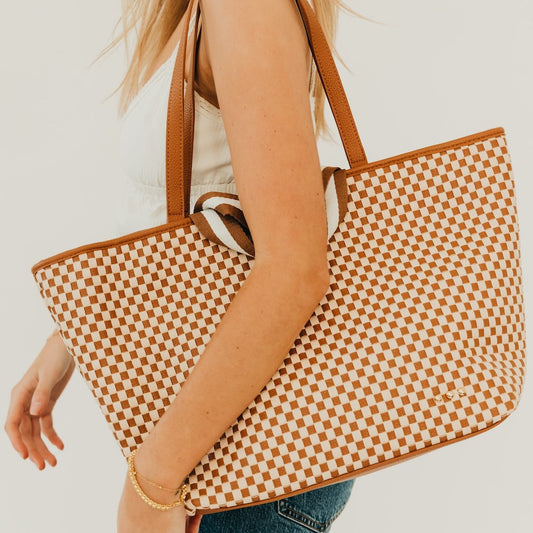 Woven checkered organizer tote bag in brown and cream with long matching straps