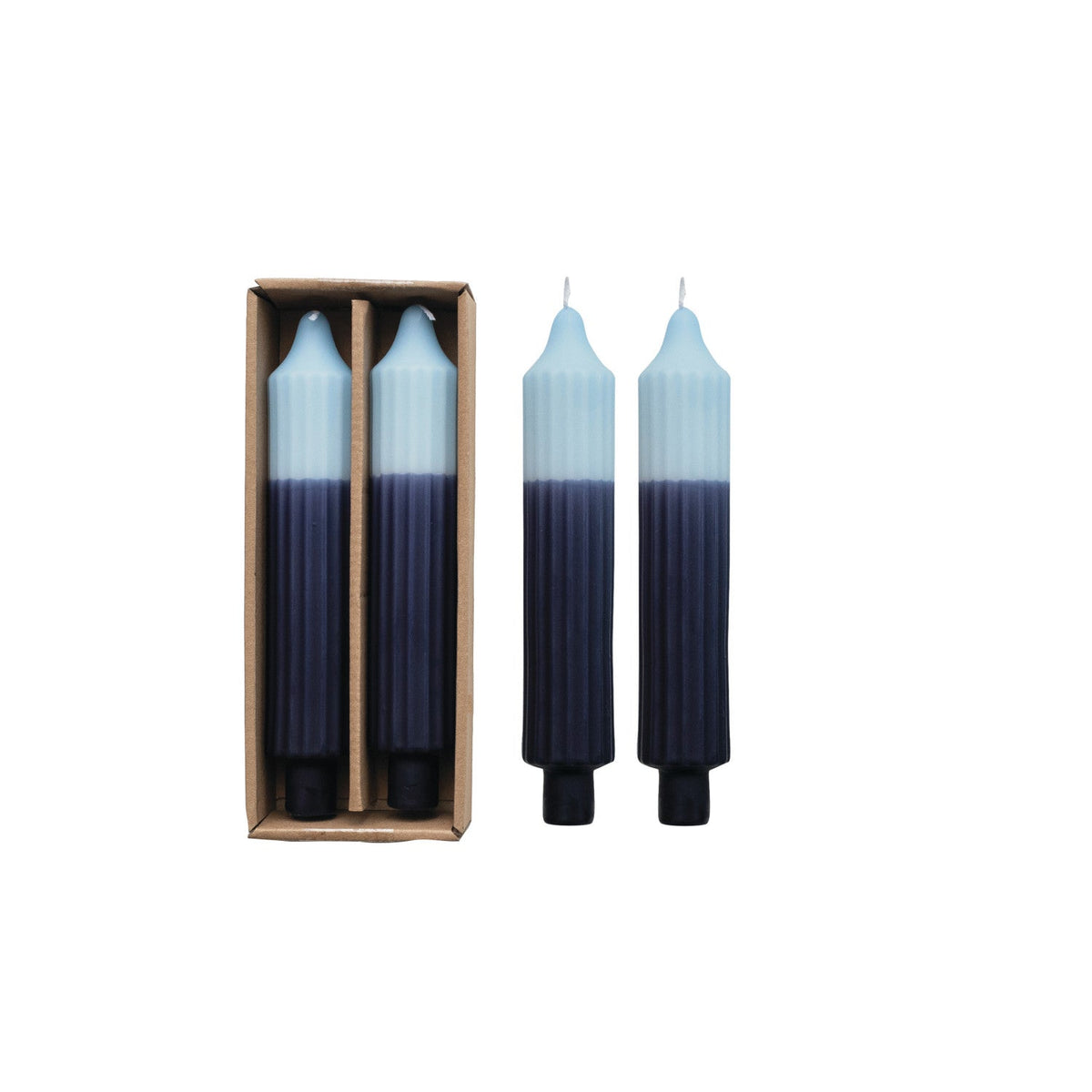 Set of 2 blue two-tone pleated taper candles in kraft box, light tops and dark bases