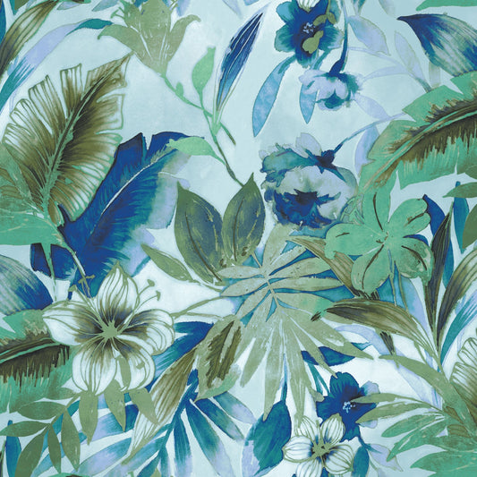 Blue and green botanical print headwrap fabric with leaf and flower details
