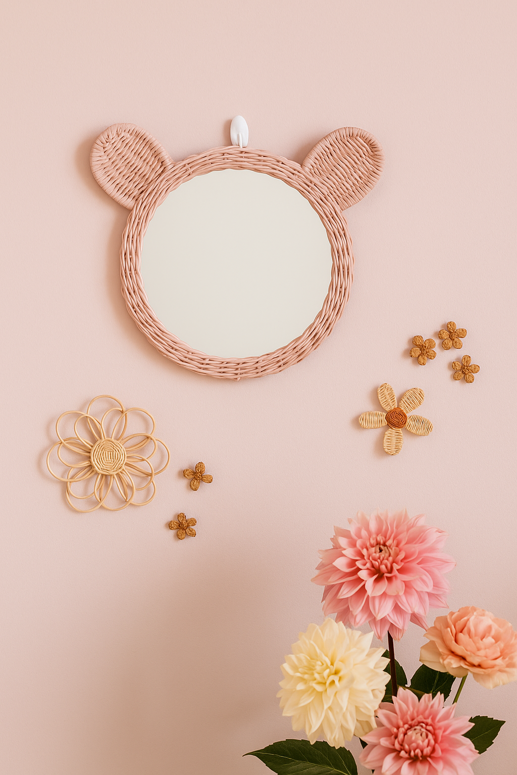 Close-up of a round pink rattan mirror with bear ears