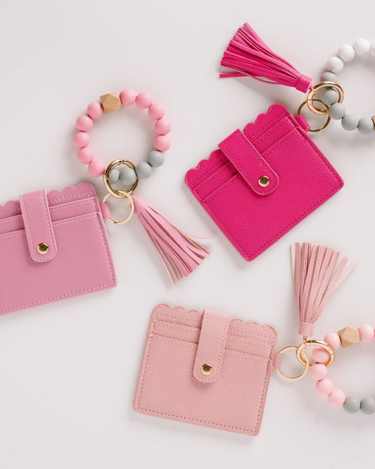 Pink and blush wallet wristlet keychains with tassels and beaded keyrings