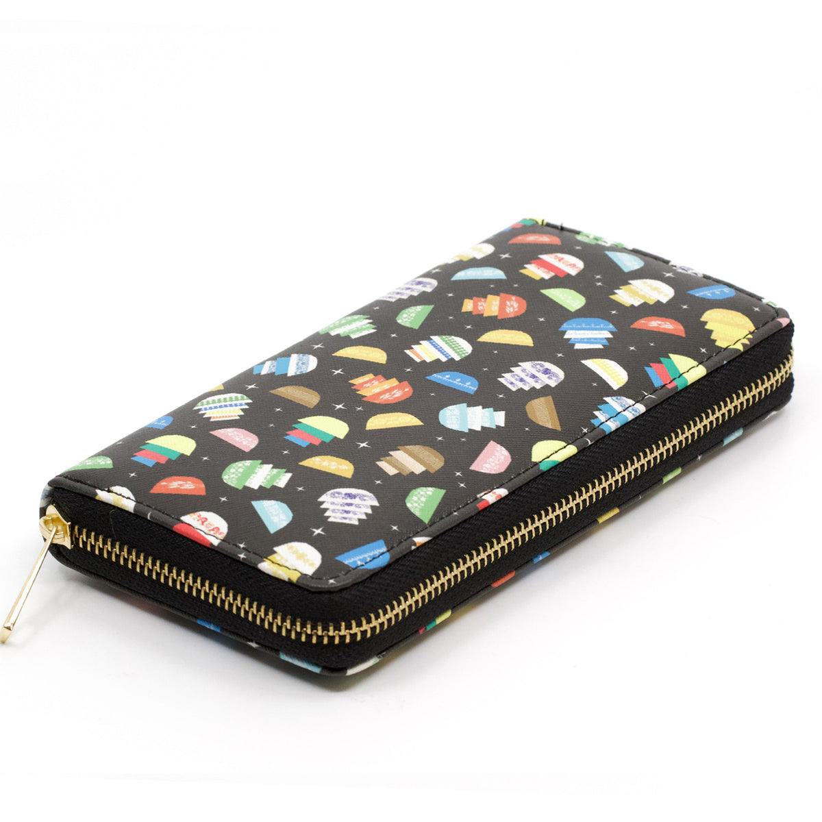 Long zip-around wallet with colorful bowl pattern and gold zipper on black.