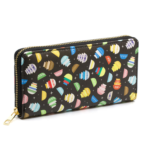 Zipper wallet with colorful food bowl pattern on black fabric, gold trim.