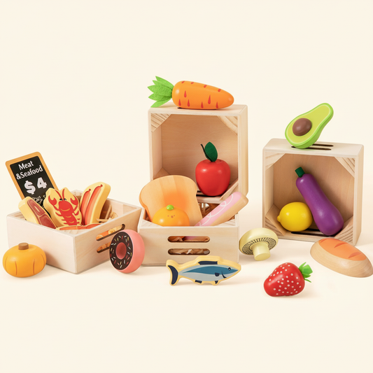 Wooden pretend food set with open crates and assorted fruits, fish, and vegetables pieces
