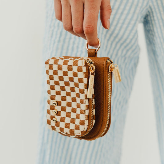 Woven double-zip clippable card wallet, brown and cream checkered with gold hardware