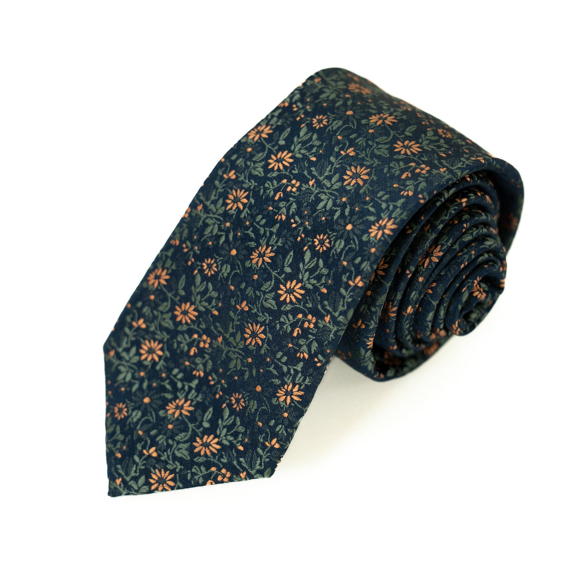 Rolled men's necktie in dark teal with orange floral and leaf pattern.