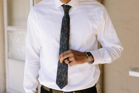 Mens dress shirt with matching patterned necktie, dark teal and orange floral.