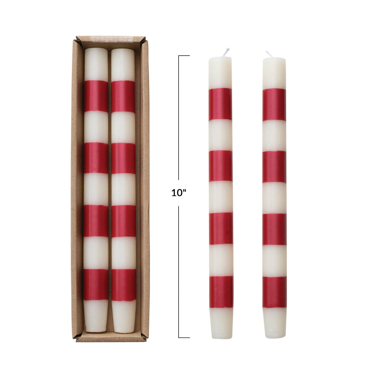 Set of 2 cream and red striped taper candles, unlit, boxed, 10 in