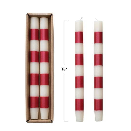 Set of 2 cream and red striped taper candles, unlit, boxed, 10 in