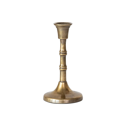 Antique brass embossed aluminum taper holder with fluted stem and round base