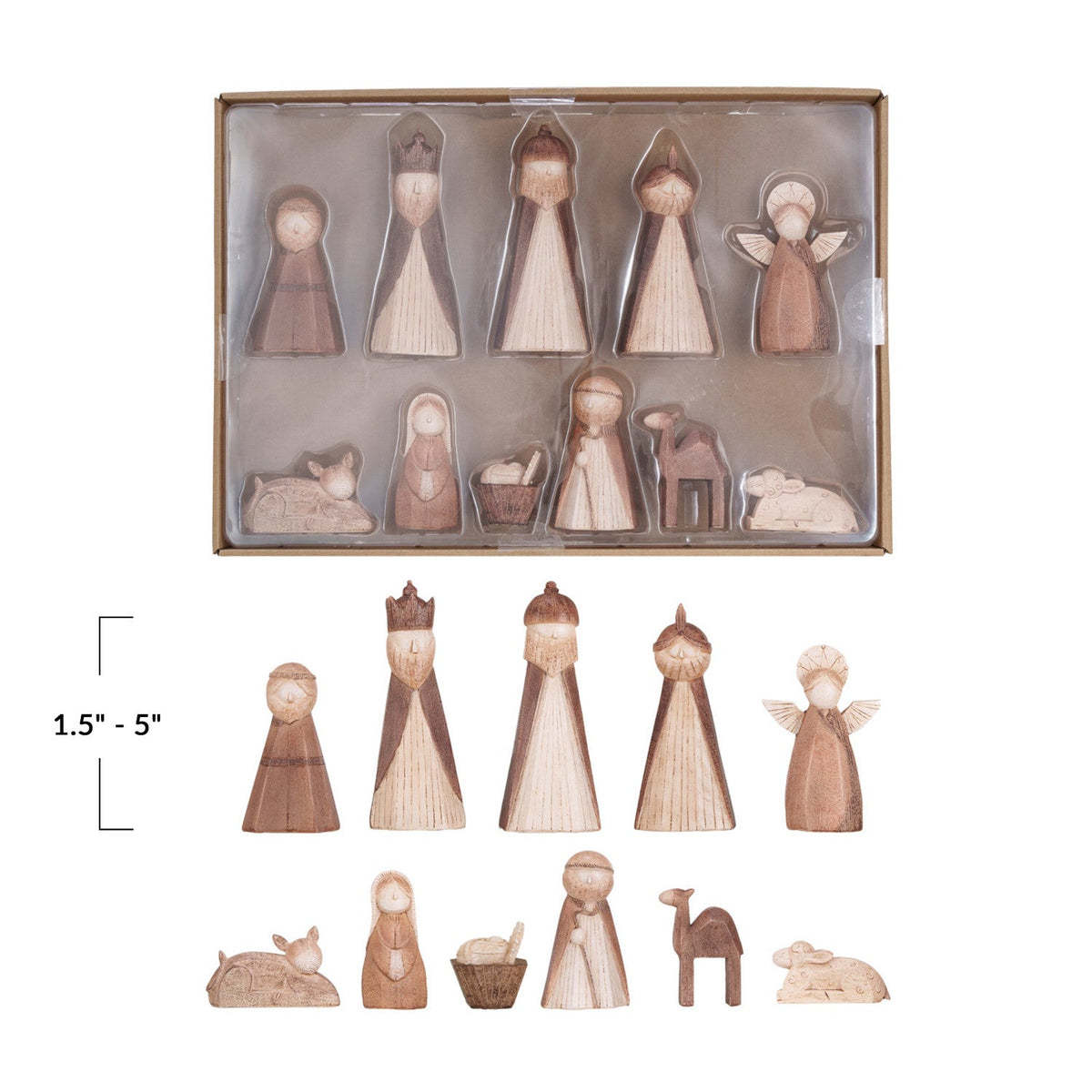 Wood-finish resin nativity set with 15 figures and animals, ranging from 1.5 to 5 inches tall