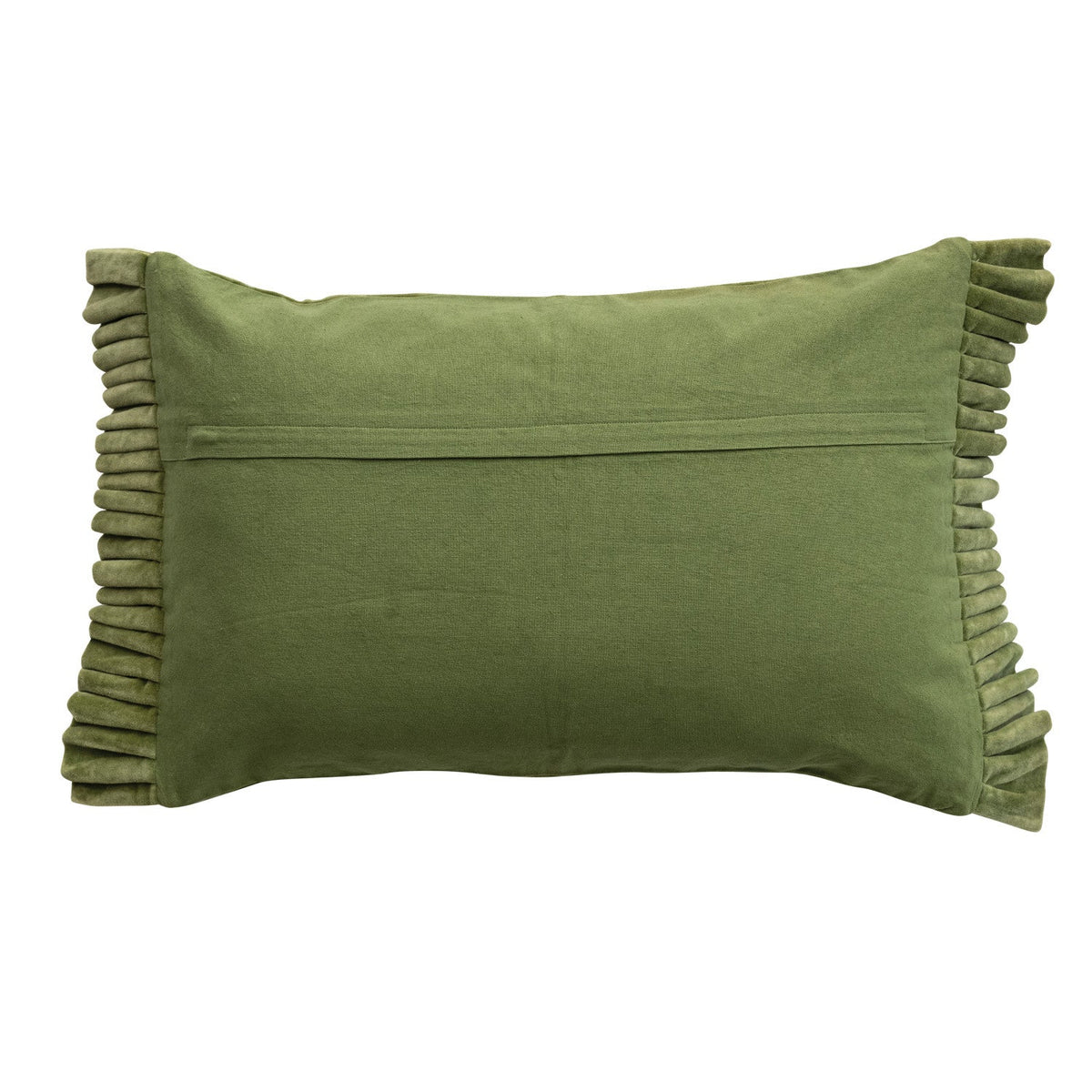 Moss green cotton velvet lumbar pillow with ruffle-trim edges