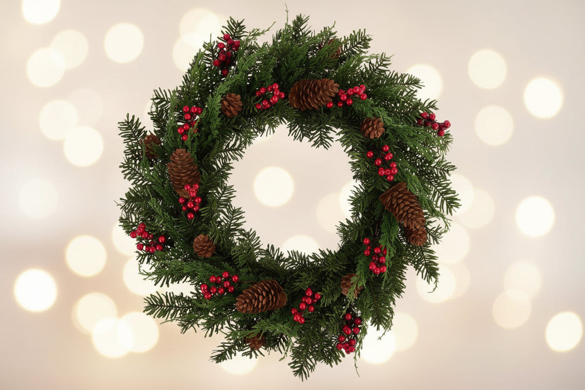 30-inch pine and berry wreath with red berries and pinecones