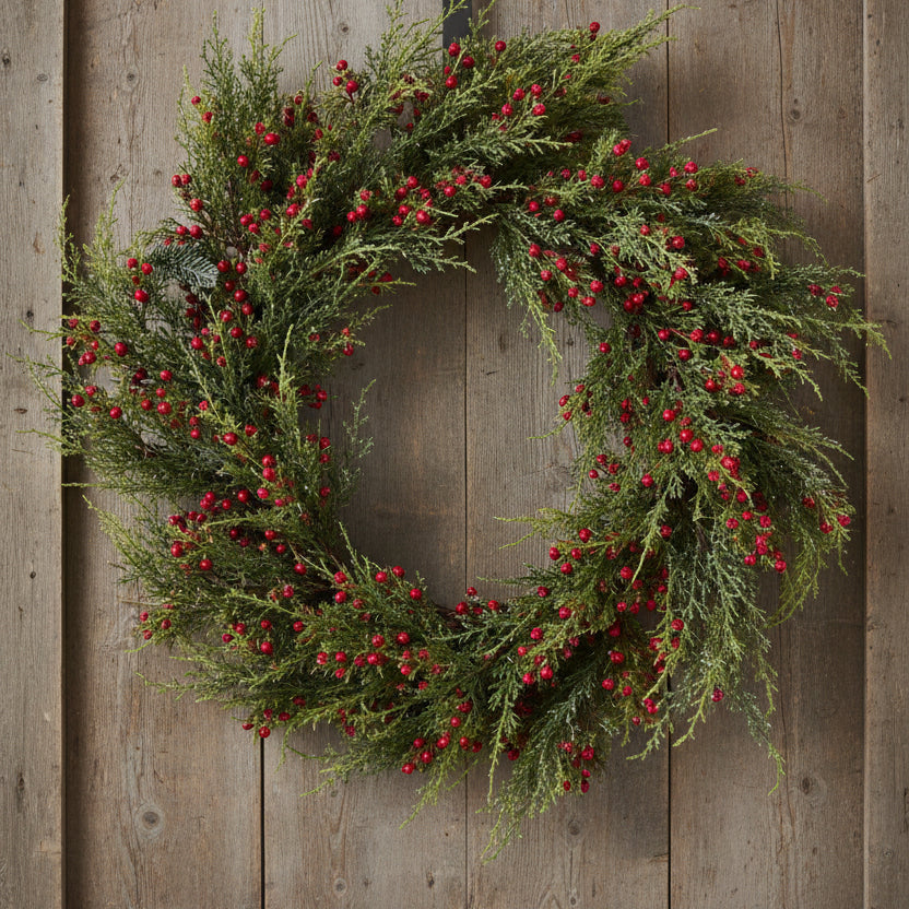 24-inch juniper and berry wreath with green branches and red berries