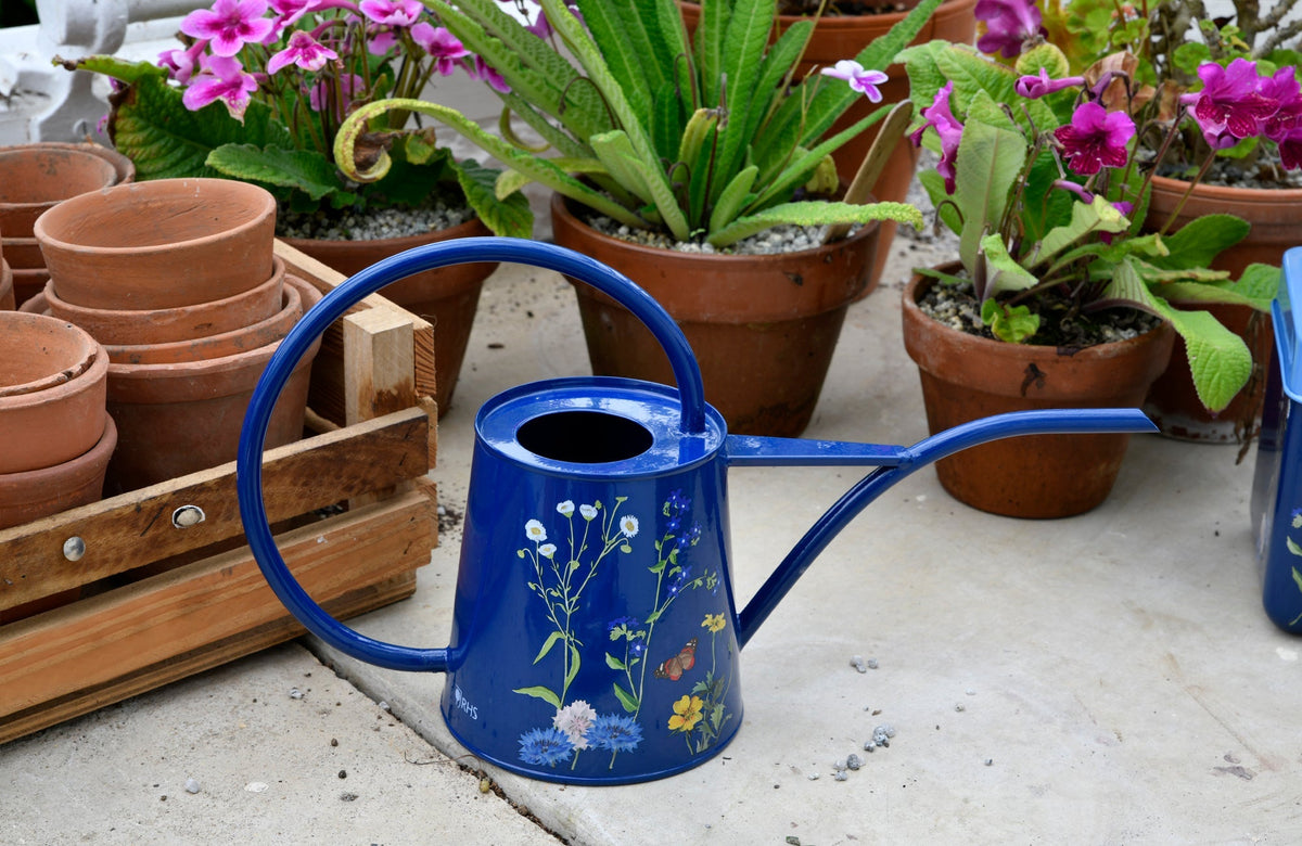 Blue watering can with meadow floral print, arched handle, and long spout on stand.