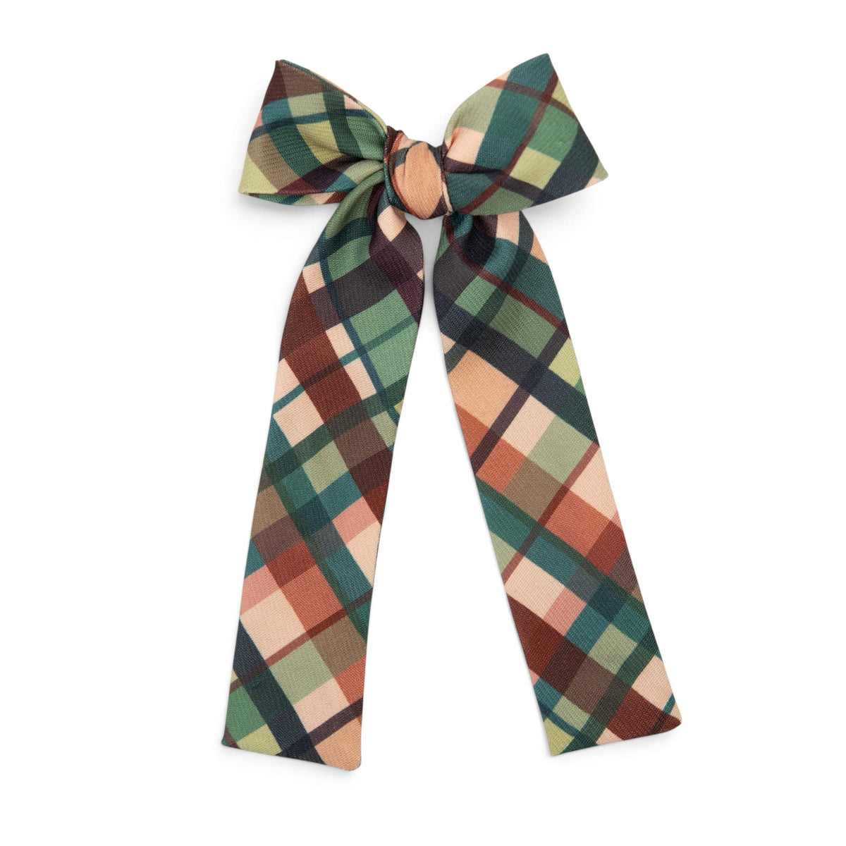 Plaid lady hair bow with long tails in green, teal, burgundy, tan check.
