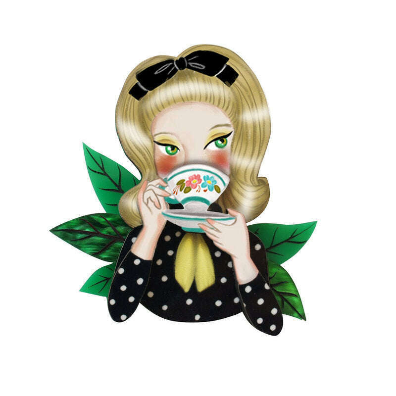 Girl tea-drinking enamel brooch with green leaves and cup illustration