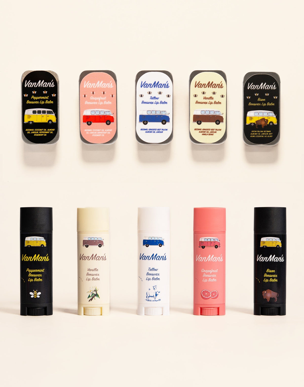 Lip balm mix-and-match bundle with five assorted VanMan's balm tubes, varied labels