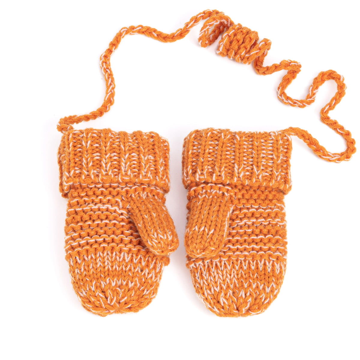 Pair of rusty orange knitted mittens showing plain backs and connecting cord