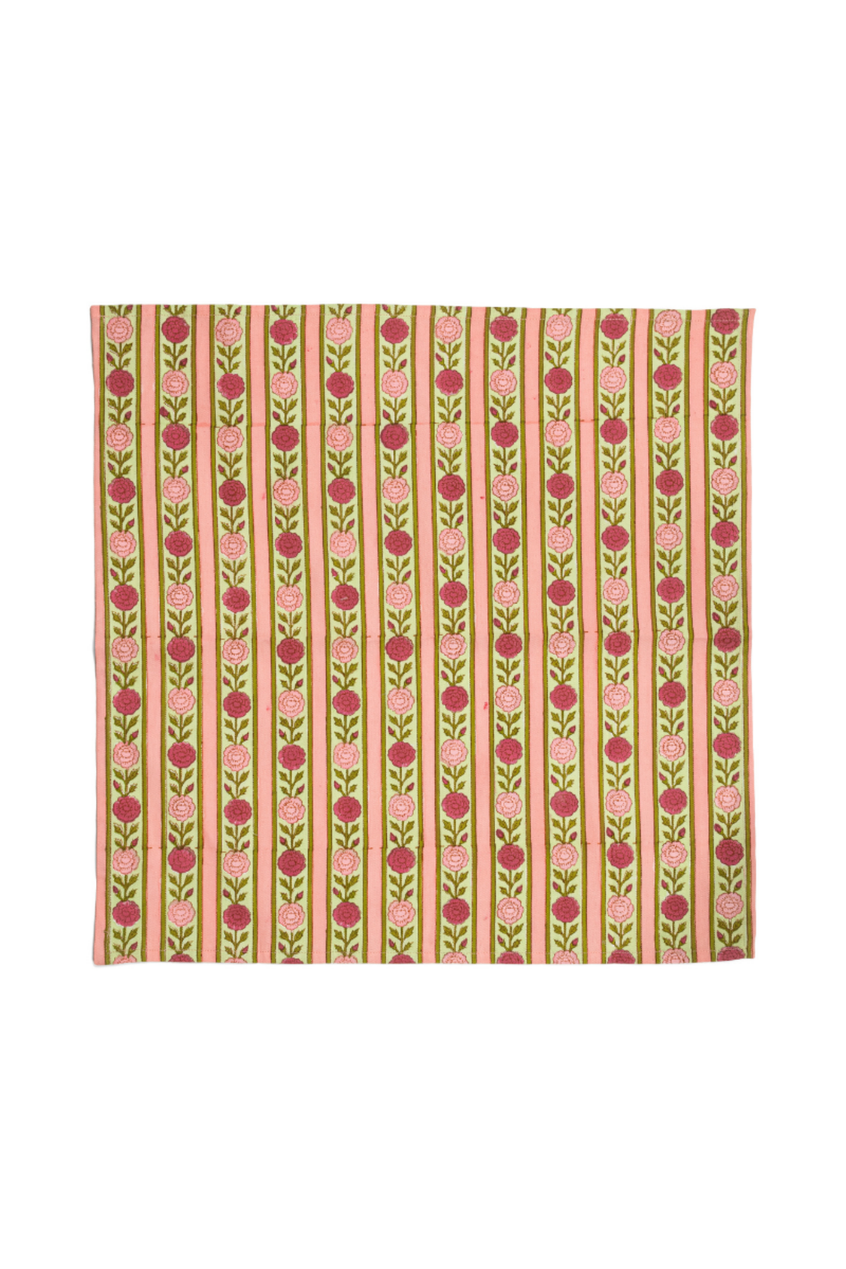 Set of 4 striped napkins with pink flower and berry motifs on light beige fabric.
