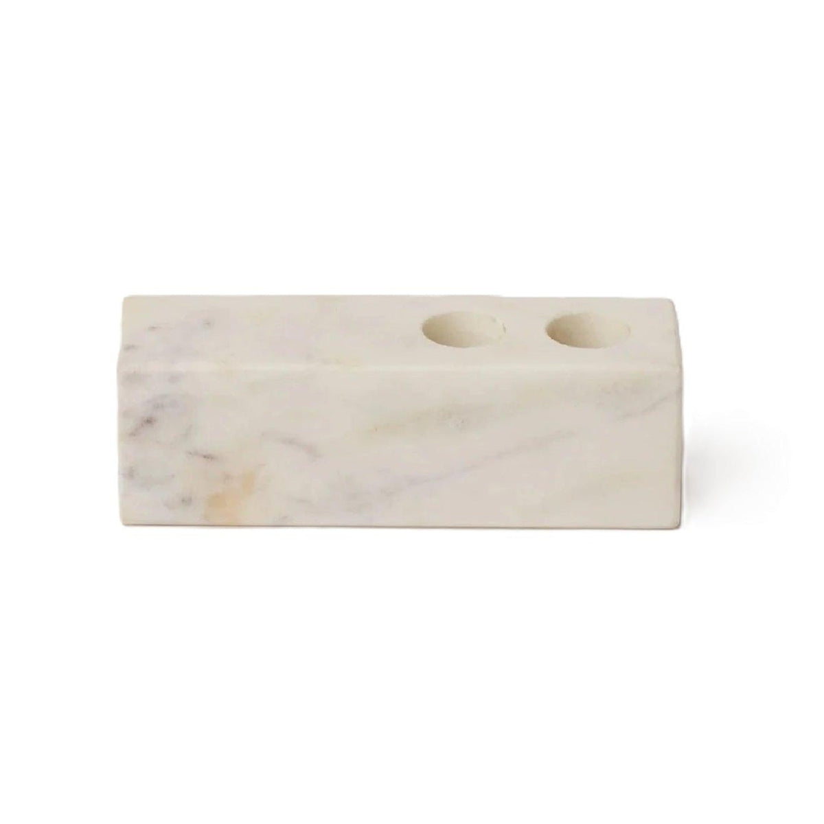 Rectangular marble candle holder with two drilled holes, white with gray veining